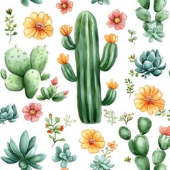 Watercolor seamless pattern with cactus, succulents, flowers, tropical plants, botanical illustration, delicate brush strokes, pastel colors