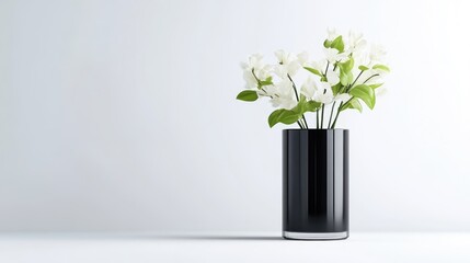 Modern minimalist arrangement of white flowers in a sleek black vase