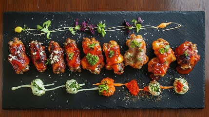 An artistic arrangement of glazed meat dishes garnished with herbs, set on a black slate platter, showcasing vibrant colors and appealing textures