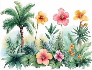 Watercolor Tropical Garden with Exotic Plants Succulents Cacti Palms and Dragon Trees for Weddings Invitations and Decorative Projects