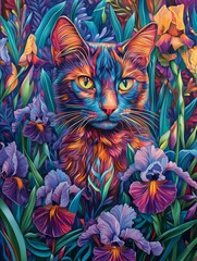 Colorful cat posing in a vibrant iris garden
