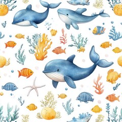 Fototapeta premium Seamless Marine Pattern with Whales Narwhals Turtles Corals Shells Fishes Seahorses and Undersea Elements for Baby Shower Nursery Wallpaper Invitations