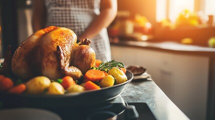 A beautifully roasted turkey on a festive table surrounded by colorful vegetables in a warm kitchen setting, evoking a cozy and celebratory atmosphere