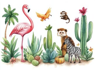 Fototapeta premium Watercolor Illustration of African Animals Flamingo Zebra Monkey Meerkat Cacti Palm Plants for Education Projects Stickers
