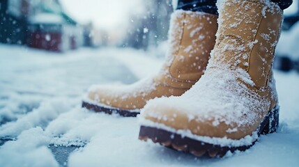 Fashionable winter boots a snowy sidewalk A detailed shot of stylish winter boots partially covered in snow
