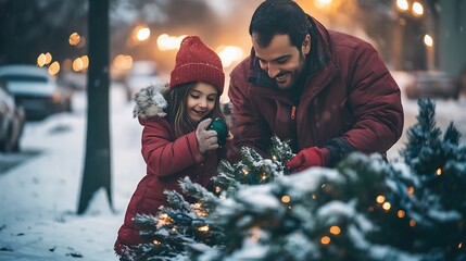 Father daughter picking out a Christmas tree bundled in warm winter clothes the glow of streetlights reflecting on snow covered sidewalks