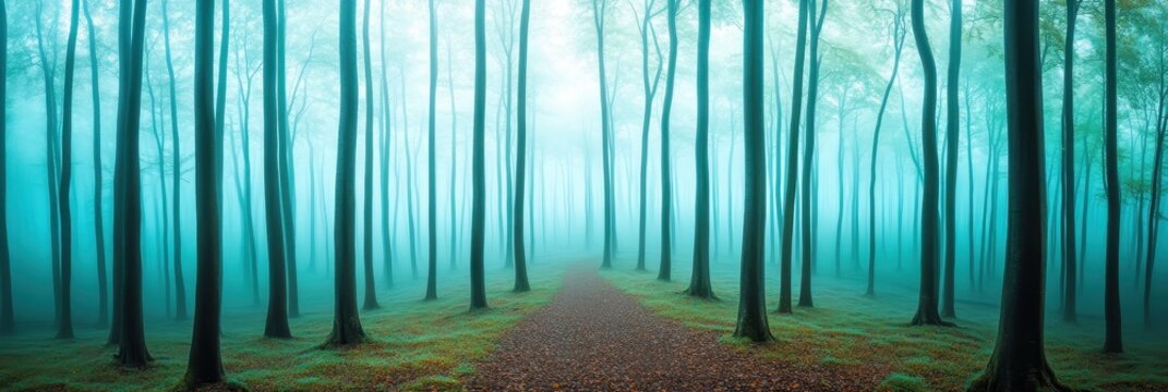 Serene pathway through a misty morning forest surrounded by lush greenery creating a tranquil outdoor experience