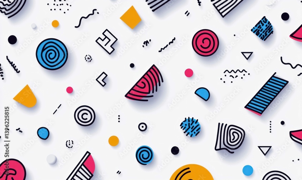 Poster a vibrant geometric pattern with colorful abstract shapes and doodles creates a playful design.