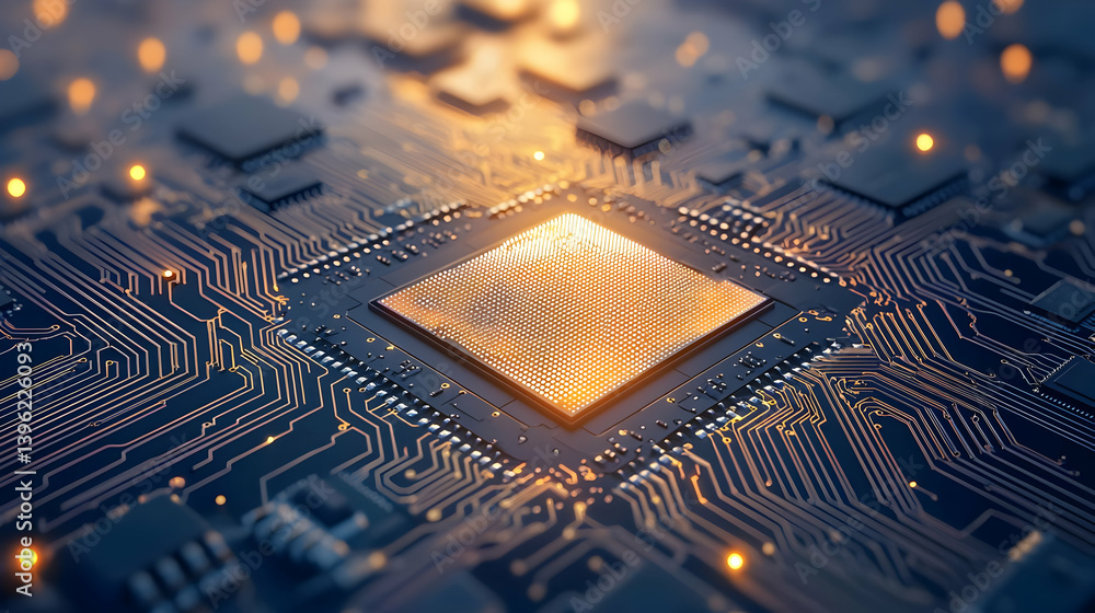 Poster close up of glowing golden computer chip on circuit board