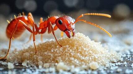 Close-up of a red ant on a pile of sugar