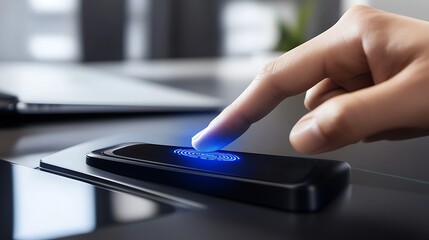 A close-up image of a hand gently pressing a fingerprint on a sleek black smartphone screen, showcasing modern technology and biometric authentication features in a minimalist workspace setting