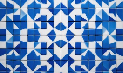 Fototapeta premium Intricate geometric pattern of blue and white square tiles creates a captivating mosaic design.