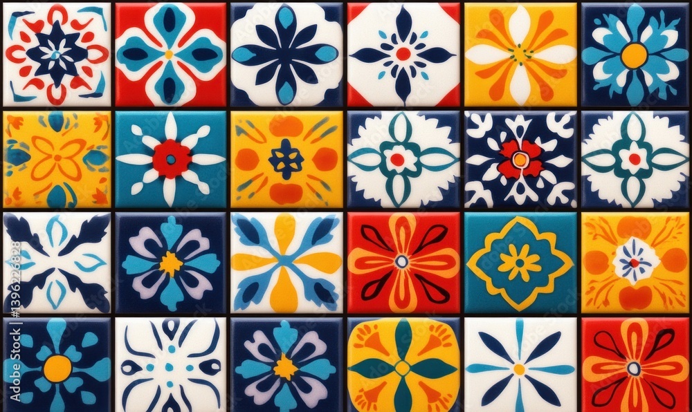 Poster a diverse array of decorative floral tiles creates a vibrant and intricate surface pattern.