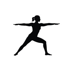 Woman In Warrior Pose Silhouette Practicing Yoga Asana On White Background
