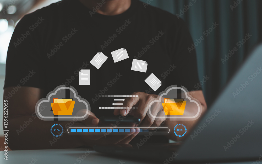 Fototapete Businessman use computer with cloud service management digital file storage transfer. document sharing file access, backup sync data, online documentation database technology. Data Transfer concept.