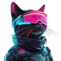 This image features a cyberpunk-styled cat with neon goggles and dark futuristic clothing, a digital artwork.