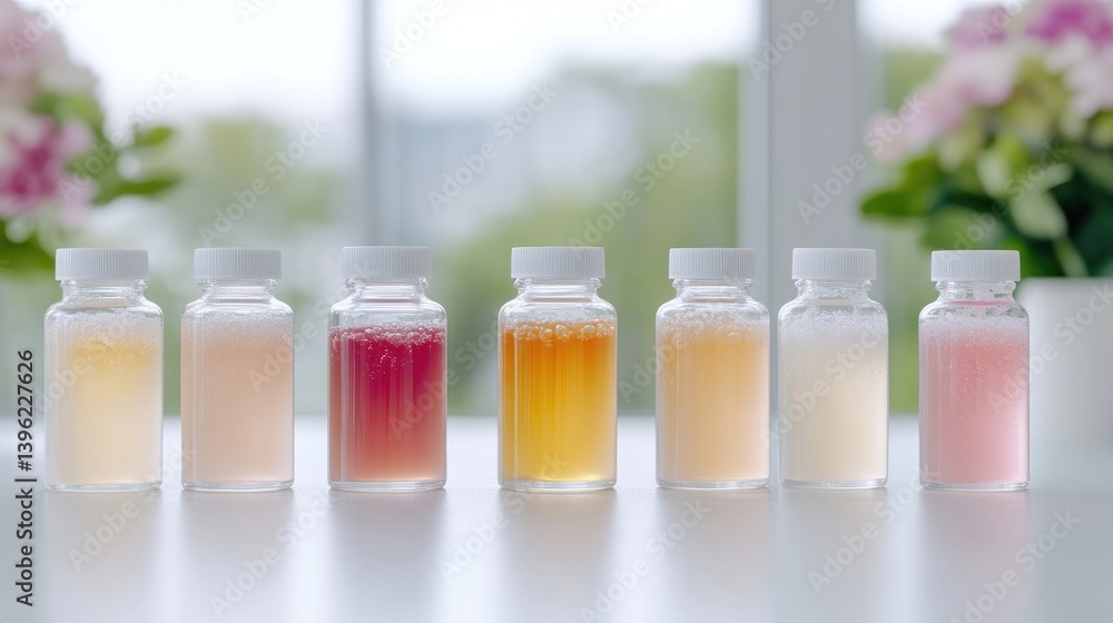 Poster seven sample bottles various liquids clean bright style high-resolution front view slight bubbles di