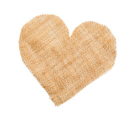 Burlap cloth in shape of heart on white background
