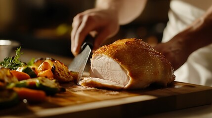 A close-up of a hand slicing a perfectly roasted turkey breast on a wooden cutting board surrounded by colorful, roasted vegetables in a softly lit kitchen setting