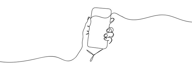 Continuous line, hand holding a smartphone line art vector illustration background editable stroke.