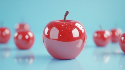 Obraz premium Shiny Red Apples on a Soft Blue Background Perfect for Food Photography Health Concepts and