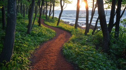 Winding path through a forest, leading to the ocean at sunset. Lush greenery flanks the trail