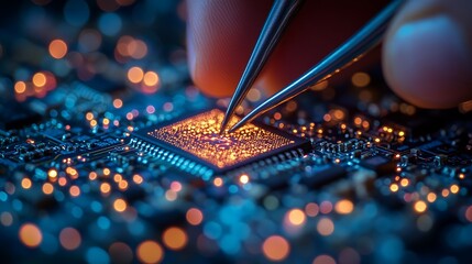 Close-up of a hand using tweezers to handle a microchip surrounded by glowing circuitry in a dark environment, emphasizing technology and precision