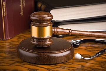 Close-up of a wooden gavel on a polished surface, surrounded by legal books and a stethoscope, symbolizing justice