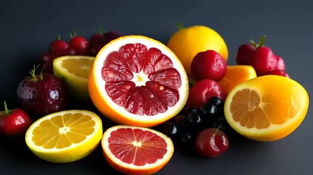 Vibrant Variety of Fresh Fruits: A Colorful Collection of Pomegranates, Grapefruits, Lemons, Oranges, and Berries