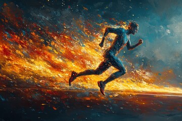 Fototapeta premium Runner on Track with Water and Fire Effects