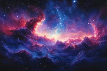 Obraz premium Vibrant Cosmic Nebula with Glowing Stars and Dynamic Colors in Panoramic View