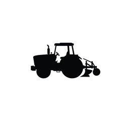 Black Silhouette Of Tractor With Plough Attachment For Agricultural Purpose