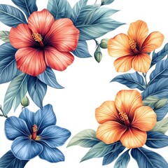 Watercolor Tropical Floral Border with Multicolored Flowers and Palm Leaves for Invitations and Cards