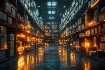 Smart Retail Warehouse with AI Deep Learning Digital Twin Augmented Reality Technology in Cyberpunk Style