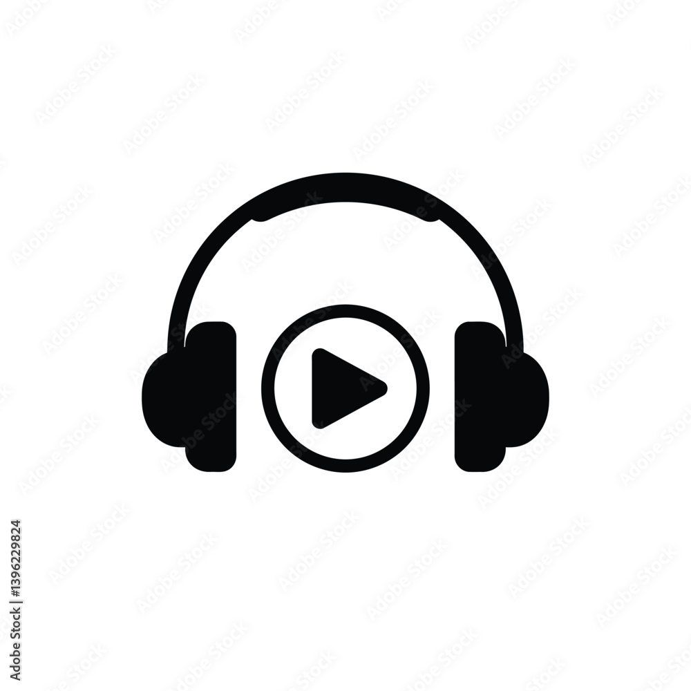 Poster headphones with play button icon for audio visual content listening and entertainment