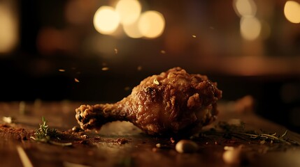 Close-up of a juicy, golden-brown fried chicken drumstick on a wooden surface with scattered herbs and spices, evoking a warm and inviting atmosphere in a dimly lit setting