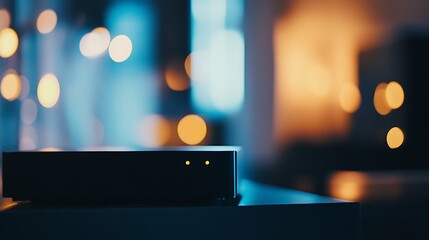 Close-up of a modern, sleek black device on a table with subtle glowing indicators, set against a softly lit, blurred background, creating a cozy evening ambiance