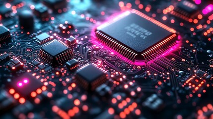 Close-up of a modern computer chip on a motherboard with illuminated circuit pathways and colorful LED highlights depicting advanced technology and innovation