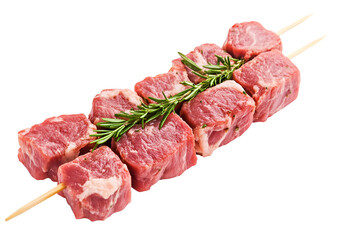 Obraz premium Juicy Raw Meat Skewers Ready for Grilling Aromatic Rosemary Garnish Delicious BBQ Prep