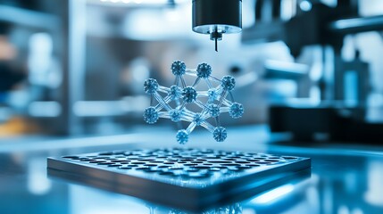 Close-up view of a molecular structure being analyzed on a laboratory platform with dynamic lighting effect and a futuristic ambience