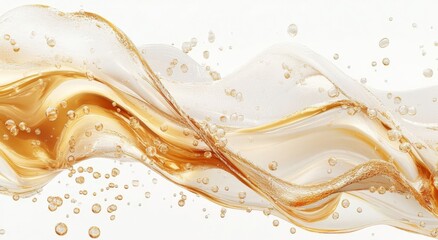 A 3D rendering of a golden oil or honey wave, featuring droplets and bubbles, captured in motion against a white background, showcasing an abstract splash effect.