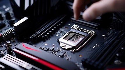 Close-up of a person carefully installing a CPU onto a sleek, modern motherboard showcasing intricate circuitry and black-red color scheme