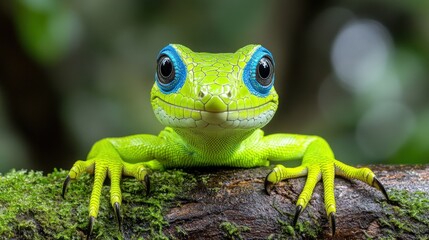 Close-up of a vibrant green lizard with large blue eyes, perched on a mossy branch