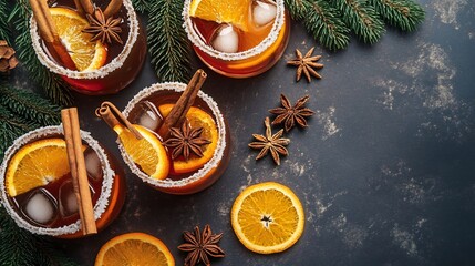 Festive holiday cocktails top down view of Christmas themed drinks with cinnamon sticks orange slices and sugared rims