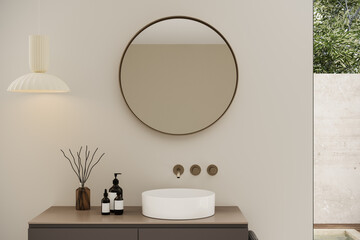 Modern Japandi bathroom with double floor-to-ceiling windows, a floating vanity, and a freestanding...