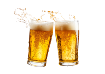 Two beer mugs clinking with splashing cheers isolated on transparent background