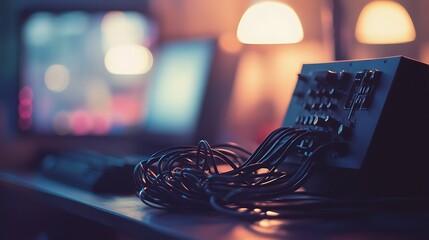 Close-up of an audio mixer with tangled cables in a dimly lit room with soft glowing lamps and blurred screens in the background creating a creative atmosphere
