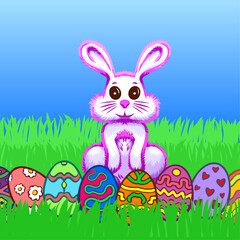 Vector illustration of an Easter Bunny and Easter eggs sitting on grass