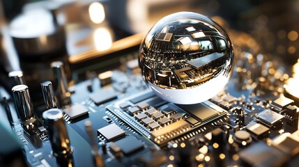 Close-up of a reflective droplet resting on a microchip, revealing intricate circuits and light reflection on a blurred background, showcasing technology and innovation