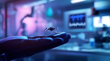 Close-up of a robotic insect resting on a gloved hand in a lab with colorful lighting and high-tech equipment in the background